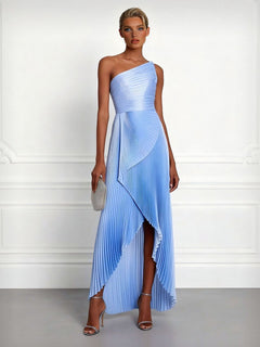 Elegant One-Shoulder Pleated Asymmetrical High-Slit Maxi Dress