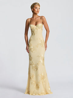 Elegant Floral Embroidered Spaghetti Strap Mermaid Maxi Dress