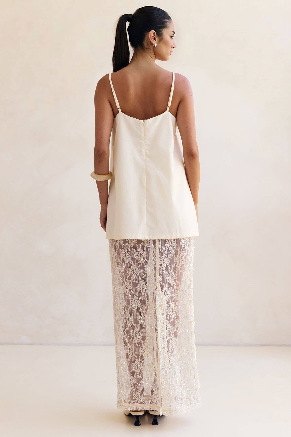 Elegant Sheer Sequin Lace High-Waist Maxi Skirt