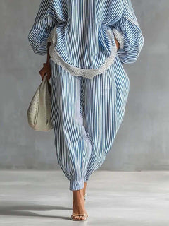 Casual Striped Batwing Sleeve Top & Drawstring Jogger Pants Two-Piece Set