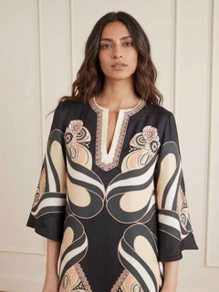 Elegant Satin Abstract Print V-Neck Flared Sleeve Midi Dress
