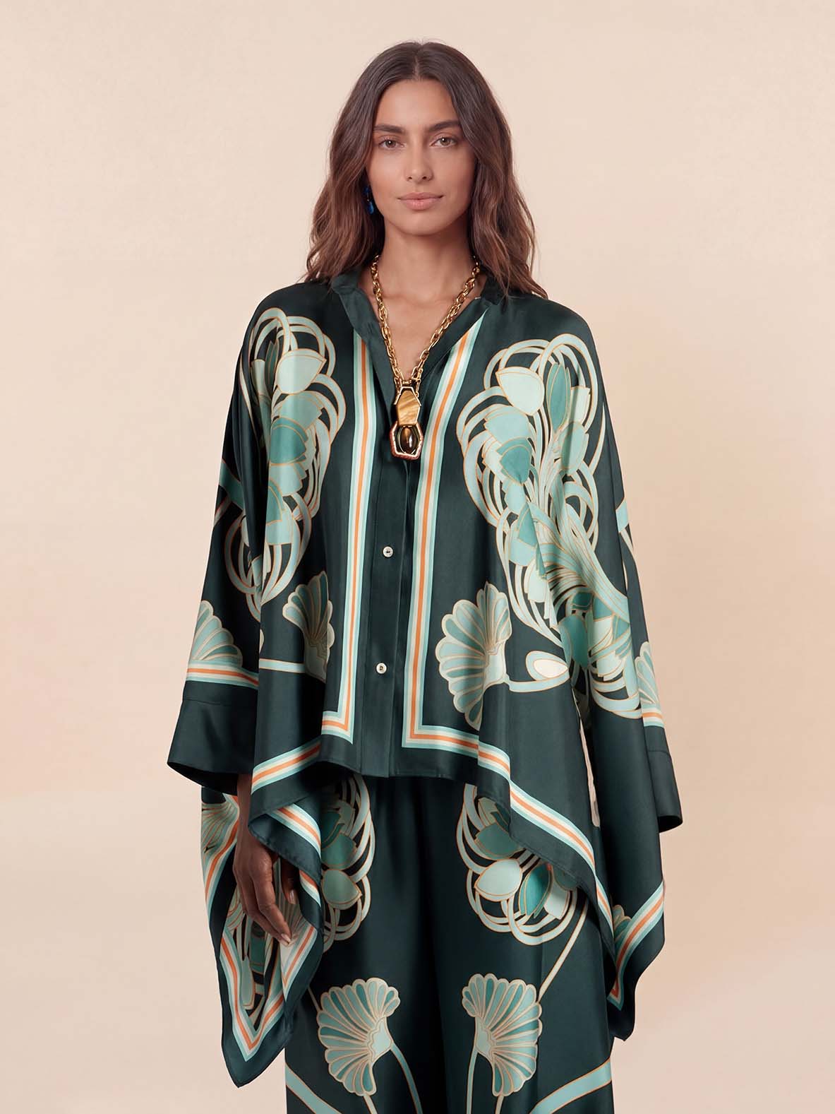 Elegant Abstract Print Satin Shirt & Wide Leg Pants Set