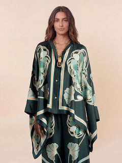 Elegant Abstract Print Satin Shirt & Wide Leg Pants Set