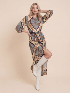 Elegant Vintage Palm Print Belted Maxi Dress