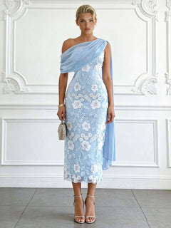 Elegant One-Shoulder Embroidered Lace Draped Midi Dress