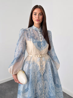 Exquisite Paisley Print Shirt A-Line Maxi Dress