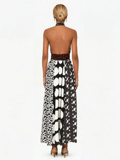Retro Black & White Polka Dot Backless Maxi Dress