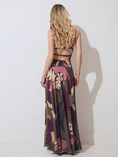 Smocked Bodice Tropical Leaf Print Spaghetti Strap Maxi Dress