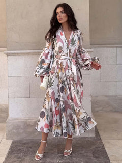 Elegant Botanical Floral Print Midi Dress