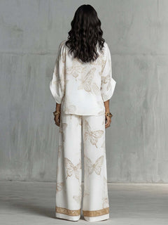 Elegant Butterfly Print Zip-Up Top & Wide Leg Pants Set