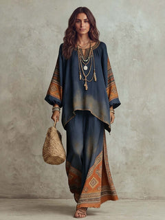 Retro Washed Ethnic Print Batwing Sleeve Two-Piece Set