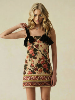 Retro Print Square Neck Bow Strap Mini Dress