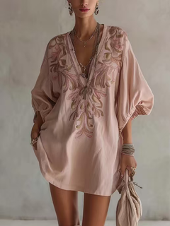 Exquisite V-Neck Embroidered Mini Dress