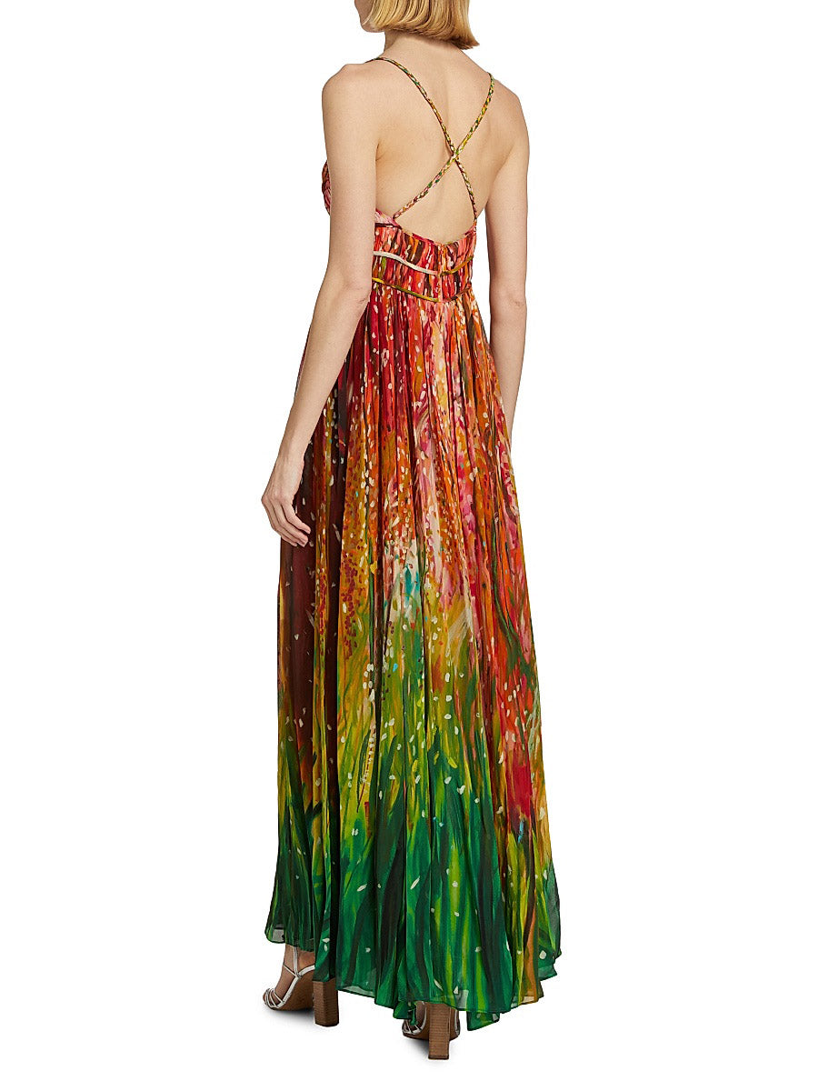 Elegant Abstract Art Print Pleated Maxi Dress