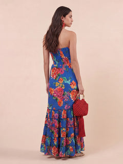 Exquisite Floral Print Strapless Layered Ruffled Maxi Dress
