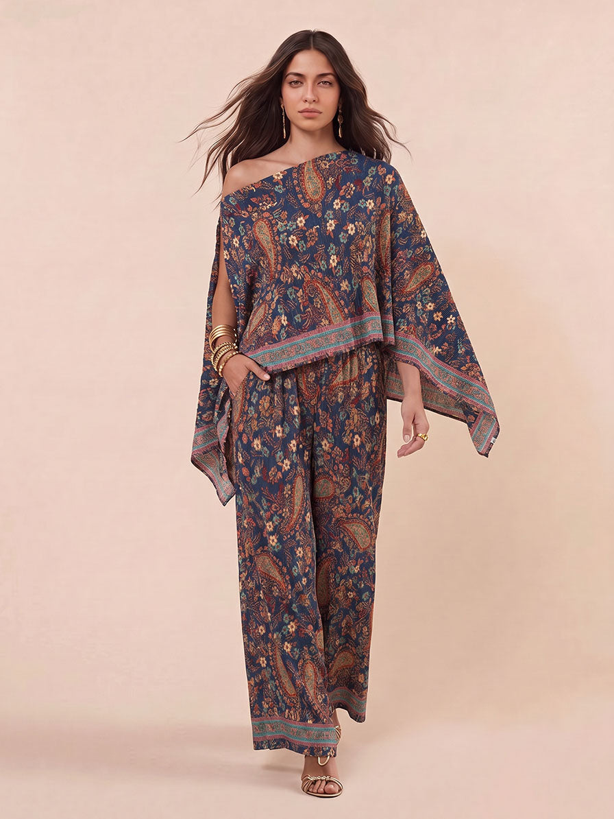 Bohemian Paisley Off Shoulder Cape Sleeve Top