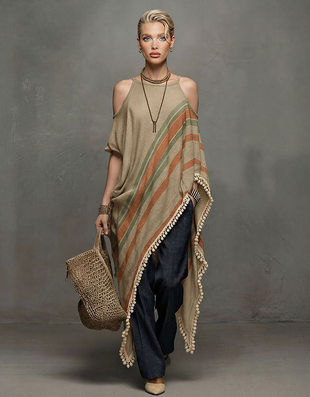 Casual Striped Tassel Asymmetric Shawl Top Two-Piece Set