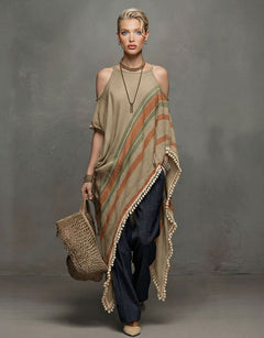 Casual Striped Tassel Asymmetric Shawl Top Two-Piece Set