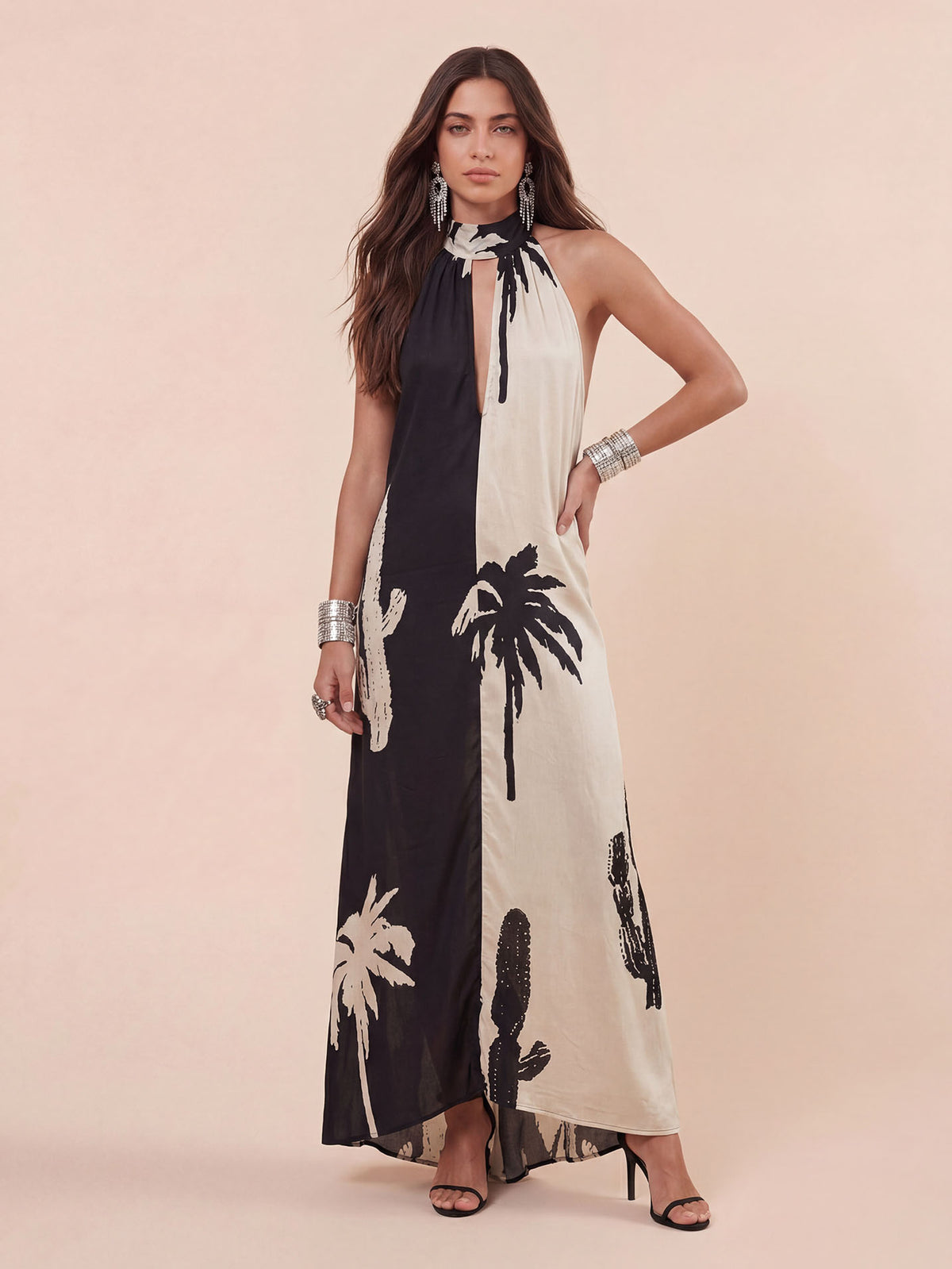 Bohemian  Palm Print Colorblock Halter Neck Maxi Dress