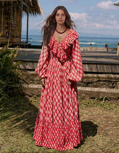 Retro Geometric Print Tiered Bohemian Beach Maxi Dress