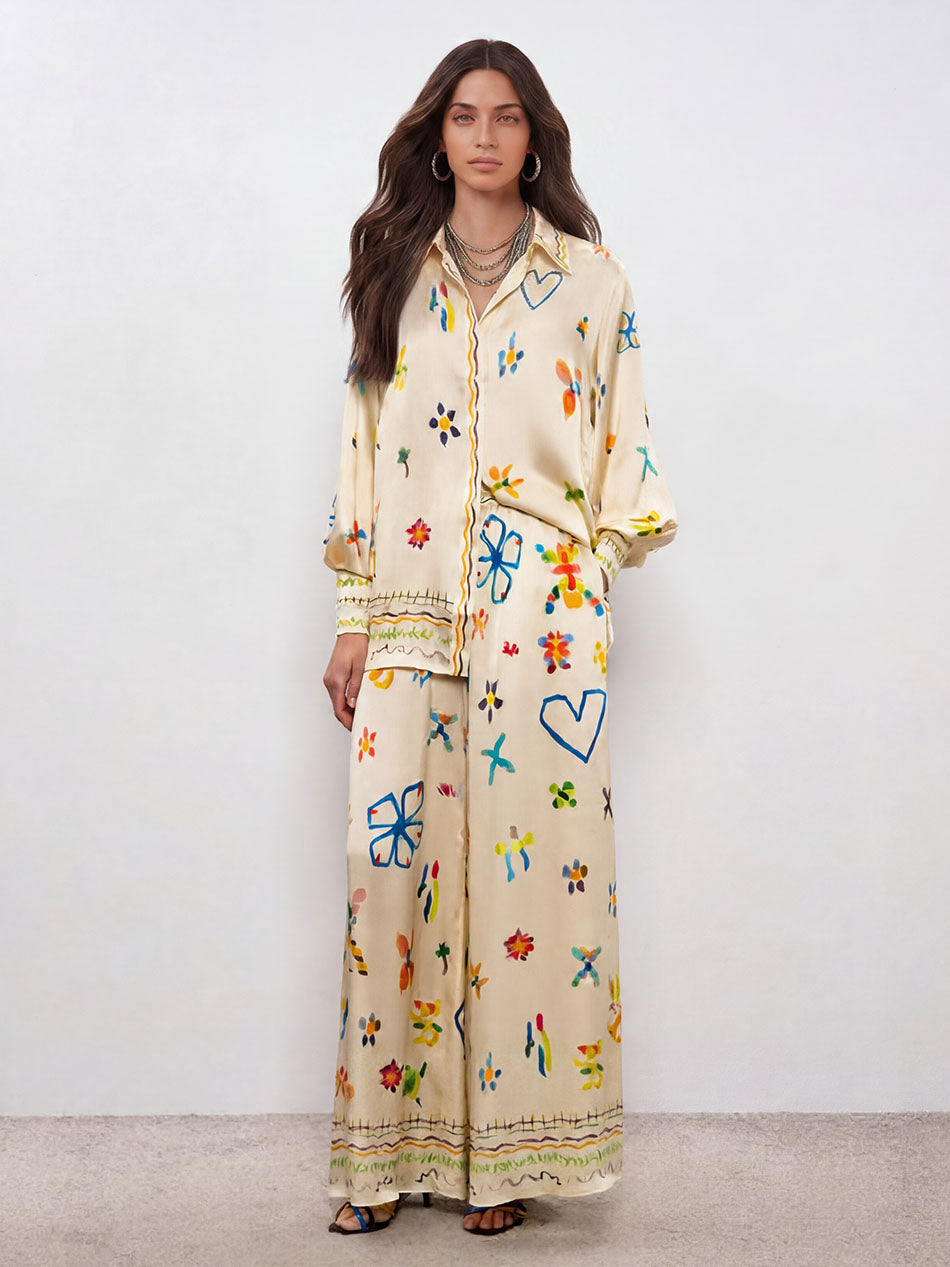 Unique Satin Hand-Painted Watercolor Print Lapel Button Shirt