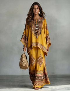 Exquisite Ethnic Print Batwing Sleeve Loose Two-Piece Set