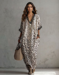Bohemian Leopard Print V-Neck Batwing Sleeve Maxi Dress
