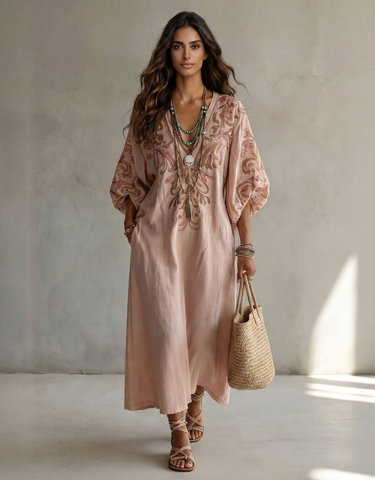 Elegant Embroidered V-Neck Batwing Sleeve Maxi Dress