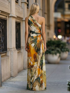 Elegant Watercolor Print One-Shoulder Ruched Maxi Dress