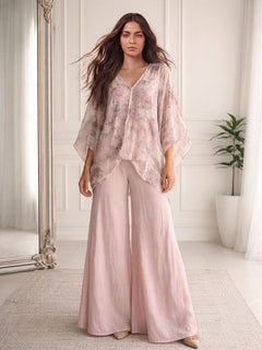 Casual Floral Print Flowing Top & Wide-Leg Pants Set