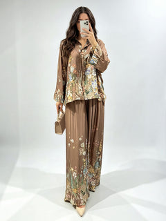 Elegant Floral Print Satin Wide Leg Pants