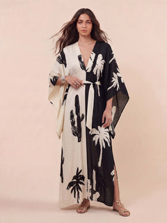 Bohemian Palm Print Colorblock Kaftan Maxi Dress