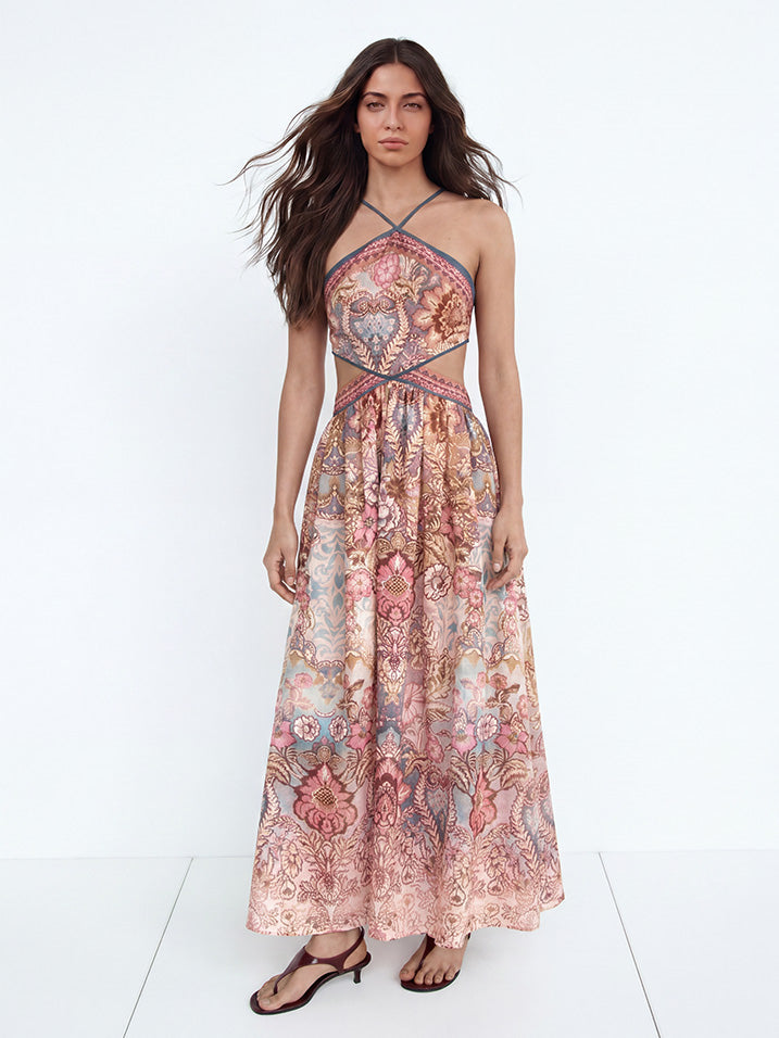 Bohemian Print Backless Spaghetti Strap Maxi Dress