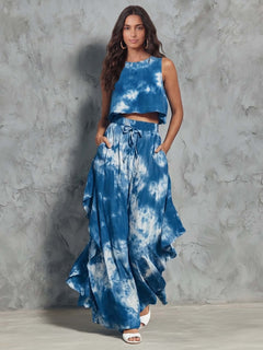 Casual Tie-Dye Sleeveless Top & Wide-Leg Pants Set
