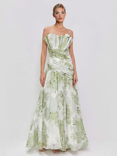 Elegant Floral Print Strapless Maxi Dress