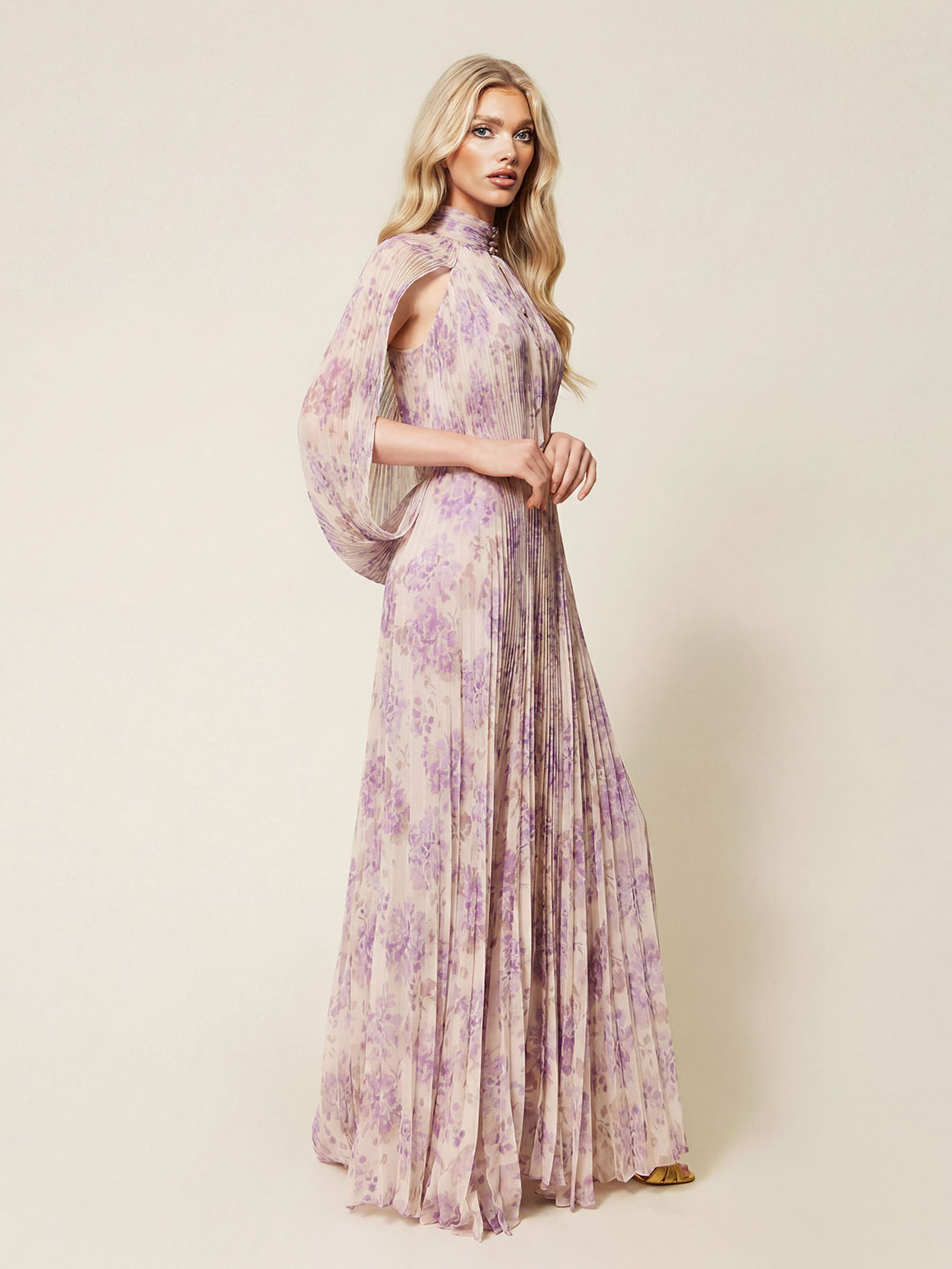 Elegant High Neck Cape Sleeve Ruched Maxi Dress