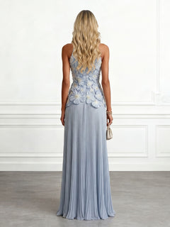 Elegant Halter Neck 3D Floral Appliqué Ruched Maxi Dress