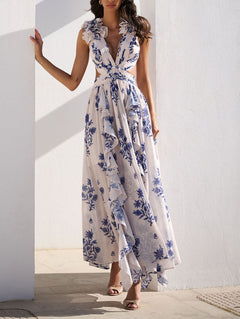 Elegant Floral Print Cut-Out Maxi Dress
