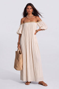 Bohemian Shoulder Loose Long Dress Lace Bubble Sleeve Split Elegant Vacation Dress