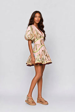 Tropical Floral Print Bubble Sleeve V-Neck Umbrella Skirt