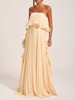 Elegant Strapless Pleated Ruffled Chiffon Maxi Dress