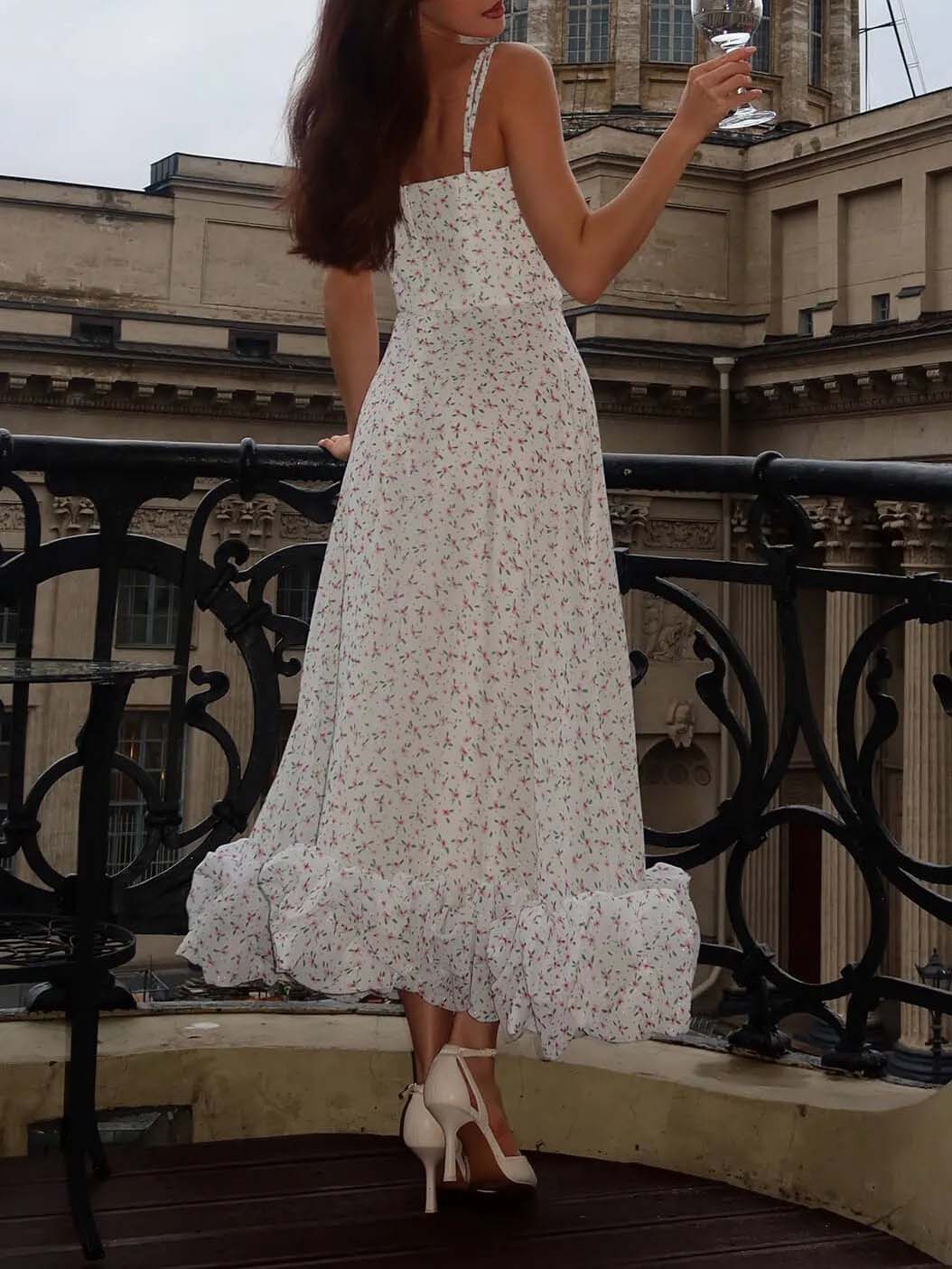 Elegant White Tiny Floral Ruffle Hem Spaghetti Strap Midi Dress