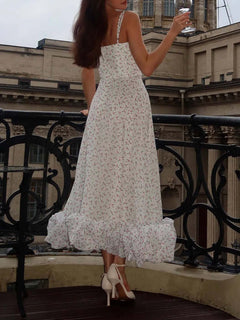 Elegant White Tiny Floral Ruffle Hem Spaghetti Strap Midi Dress