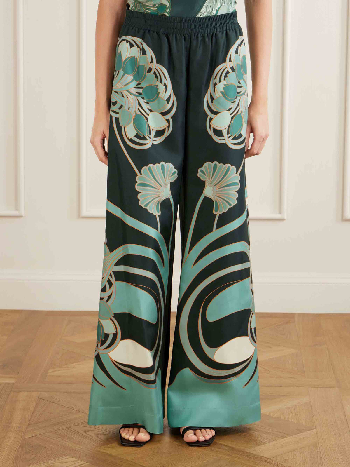 Retro Artistic Print Fringe Trim Asymmetrical Top & Pants Two-Piece Set