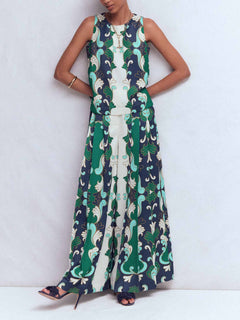 Retro Print Sleeveless Top & Wide-Leg Pants Two-Piece Set