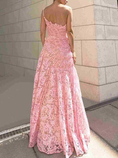 Elegant One-Shoulder Pleated Lace Maxi Dress