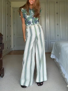 Botanical Print Ruffle Top & Striped Pants Two-Piece Set