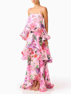 Elegant Pink Floral Spaghetti Strap Tiered Ruffle Flowy Maxi Dress