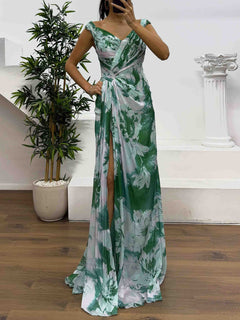 Elegant Watercolor Floral Ruched High Slit Maxi Dress