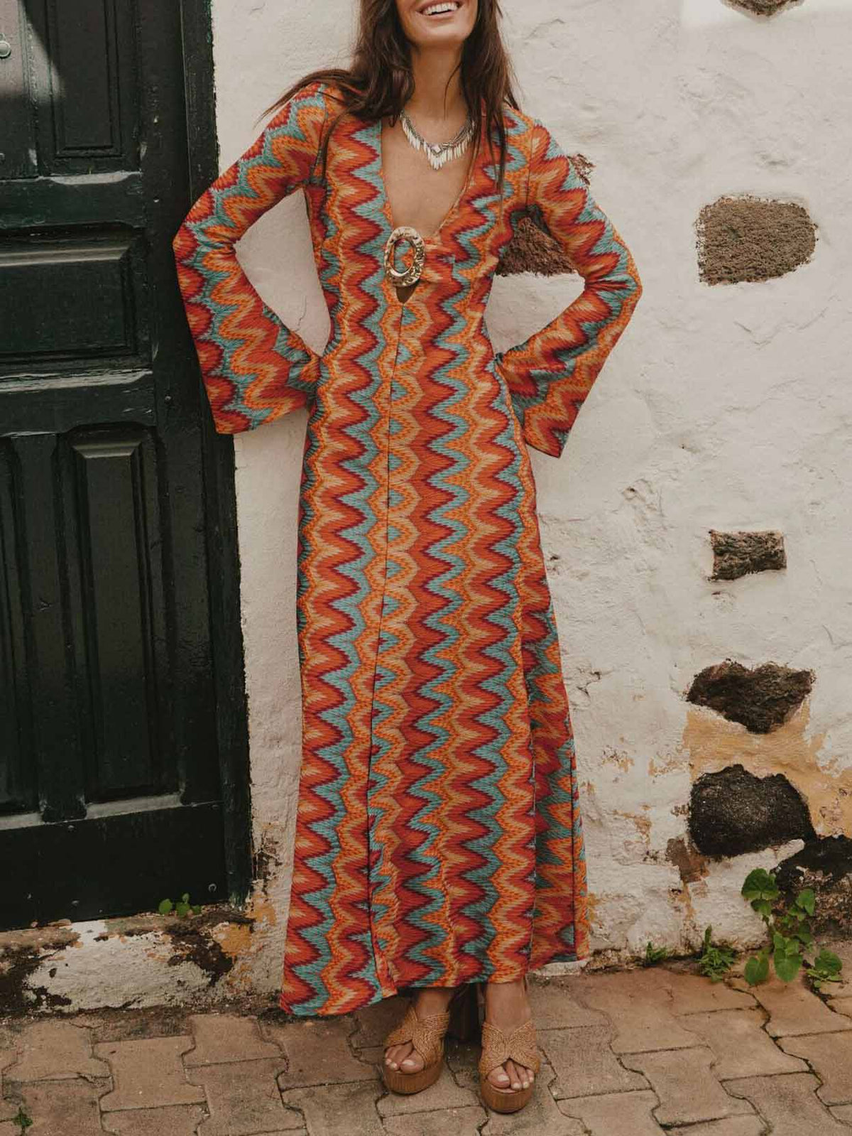 Retro Wave Stripe Print Maxi Dress